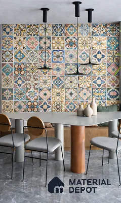 Eclectic dining room with colorful moroccan patterned wall tiles and grey marble floor